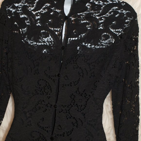 Mid-length Black Lace DRESS BY ELLEN TRACY SIZE6 USED With High Neck Long Sleeve - Picture 8 of 11